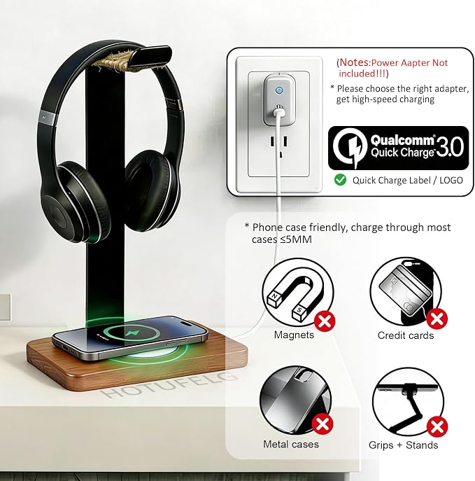 Handmade Wood Headset Stand with 15W Wireless Charging Pad- QI Wireless Charging Dock Compatible with iPhone 17/16/15/14 /Samsung Series,2-in-1 Universal Holder for All Table Headphones