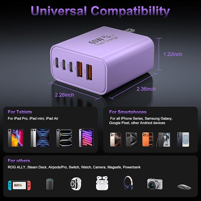USB C Fast Wall Charger Block, 2Pack 60W USBC Charging Cubes, 5-Port PD+QC Power Adapter Multiport Brick Type C Box Plug for Phone 17/16/15/14/13/12/11/Pro Max/Plus, Pad Mini/Pro/S25/S24-Lavender