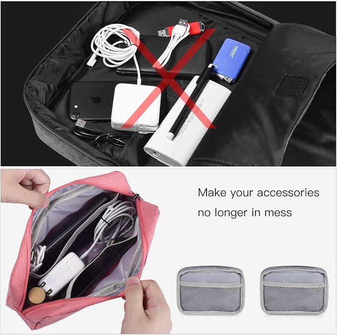 2-PACK Accessories Bag for Women Ladies Travel Organizer, Big+Small Portable Storage Bag Pouch Electronics Accessories Carrying Case Cosmetic Bag for Hard Drive, Mouse, Cable, Adapter, Cellphone, Pink