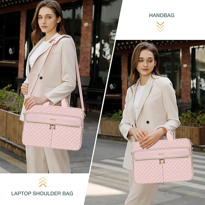 MOSISO 14 inch Laptop Bag, Laptop Briefcase Messenger Compatible with 14 inch HP, Dell, Lenovo, ASUS, Acer, Jumper, Square Quilted Computer Bag Work Office Business with 3 Pockets&Strap, Pink
