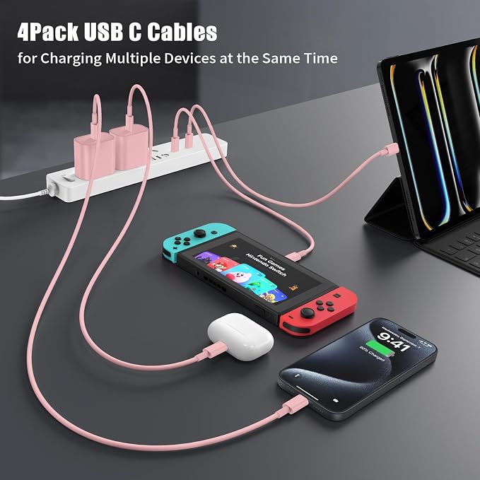 Essri USB C to USB C Cable 3FT for Apple iPhone 16 15 Charger Cord,4Pack 60W C to C Cable Fast Charging Wire for iPhone 16 15 Pro Plus Pro Max iPad Pro/Air MacBook Pro/Air,for Galaxy S24 S23-Pink