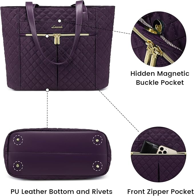 LOVEVOOK Laptop Bag for Women, Stylish Diamond Quilted Work Tote with Clutch Purse, 15.6-inch Purple Tote