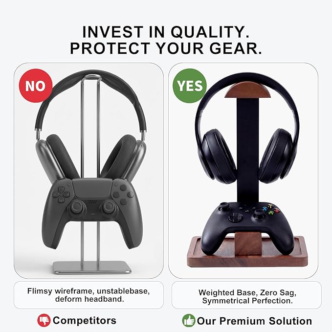Headset Stand with Gaming Controller Holder, Walnut Wood Headphone Stand with Storage Base, Gaming Equipment Accessories for Desk Fits Xbox PS5 PS4 PC Gaming