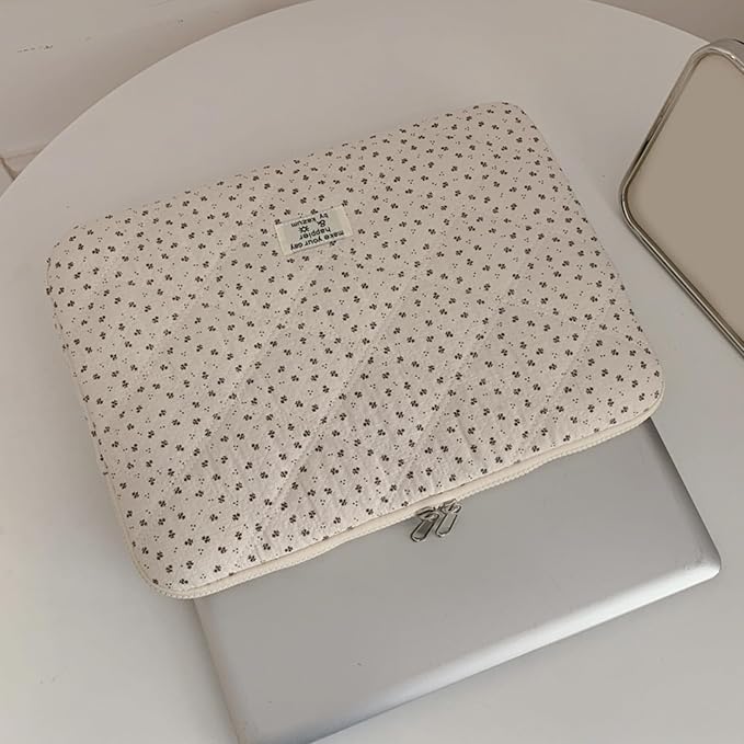 Puffy Laptop Sleeve 13-15.6 Inch Corduroy Quilted Laptop Protective Case Cute Floral Computer Sleeve Protective for MacBook (Cream Ditsy, 13-14 Inch)