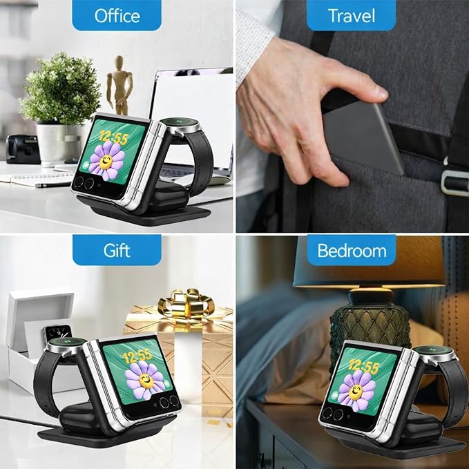 Geyo Wireless Charger for Samsung Galaxy Z Flip 7/6/5/4/3, 3 in 1 Foldable Charging Station for Motorola Razr, Portable Travel Charger for Phone, Galaxy Watch & Buds, Black (PD Adapter Included)