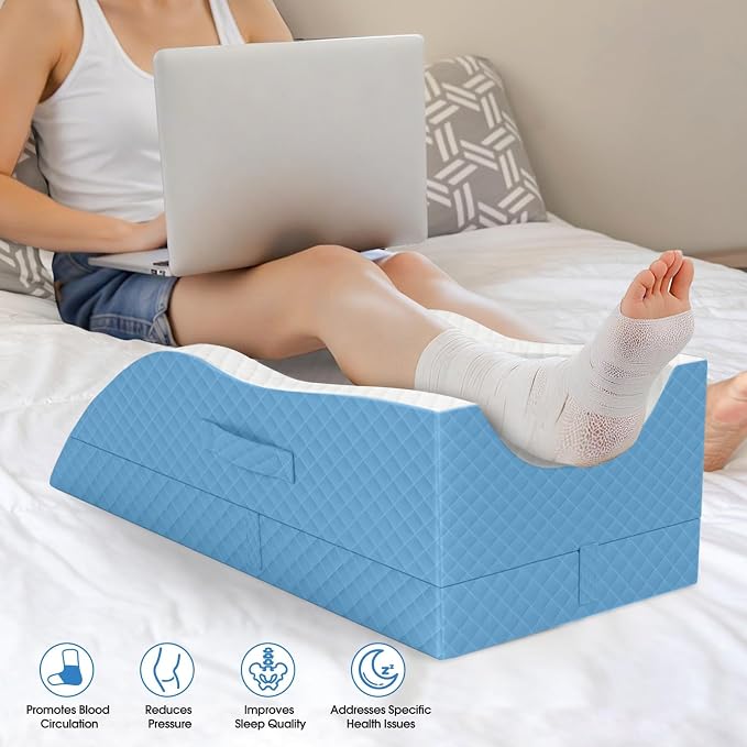 TranquilRelax Elevation Pillows for Leg After Surgery, Memory Foam Adjustable Wedge Pillow for Injury or Rest, Ankle Pillow for Sleeping Blood Circulation Light Blue/Double Leg