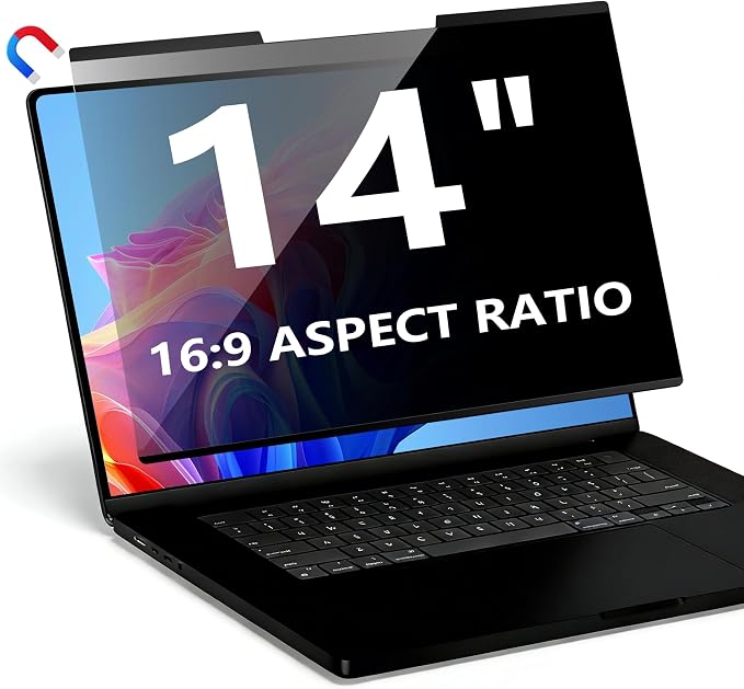 Magnetic Laptop Privacy Screen 14 Inch 16:9, Removable Computer Privacy Filter Shield and Anti Glare Blue Light Screen Protector, Compatible with HP Dell Acer Asus Samsung Lenovo ThinkPad