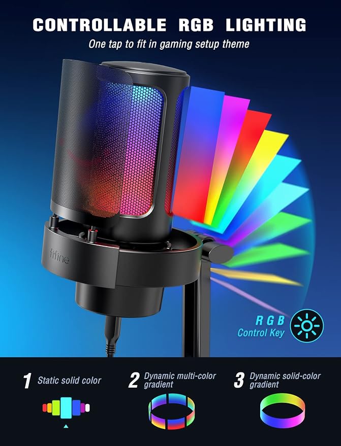 FIFINE Gaming Microphone, USB PC Mic for Streaming, Podcasts, Recording, Condenser Computer Desktop Mic on Mac, with RGB Control, Mute Touch, Headphone Jack, Pop Filter, Stand-AmpliGame A8