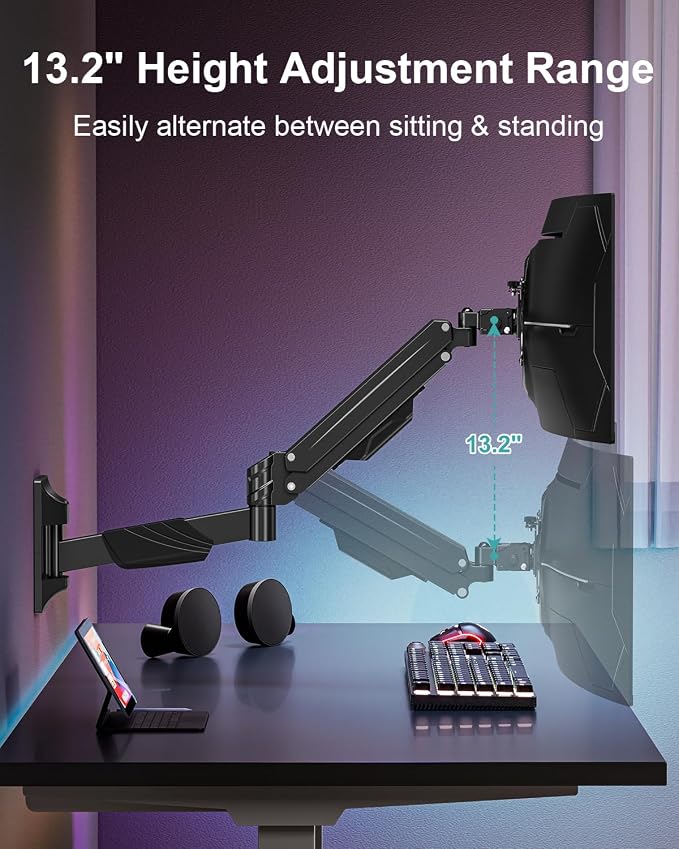 MOUNT PRO Monitor Wall Mount for 17-43" Ultrawide Screens, Single Wall Mount Monitor Arm Holds up to 33.1 lbs, Full Motion Adjustable Wall Bracket with VESA Extension Kit, VESA Mount Max 200x200mm