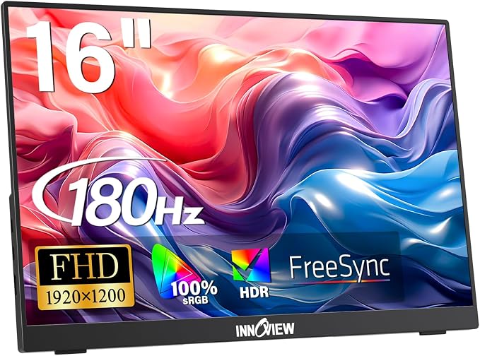 InnoView 16" Portable Monitor 180Hz FHD 1920×1200 100% sRGB Laptop Screen Extender | 2 x Type-C & HDMI Portable Monitor for Macbook/Switch/PS5/Xbox (Support 165Hz 144Hz 120Hz)