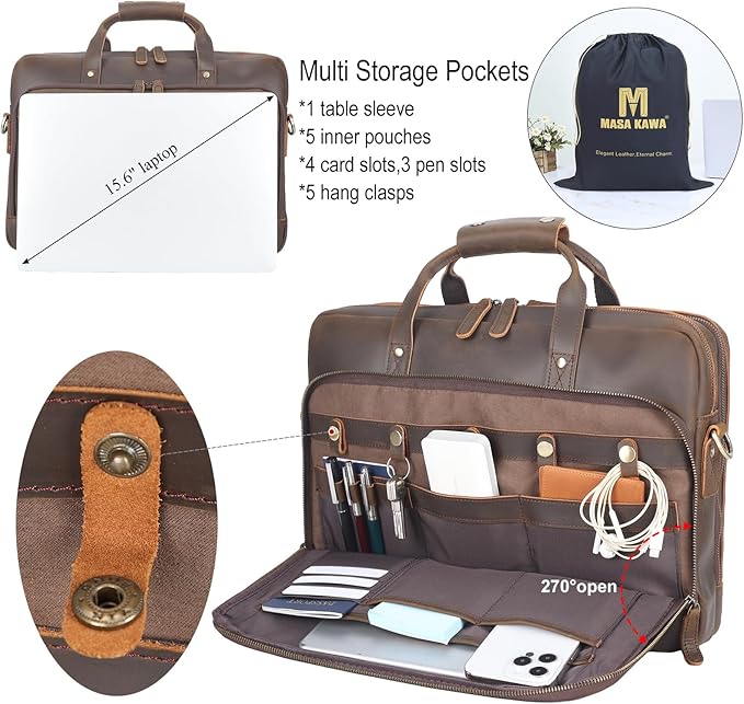 Masa Kawa Leather Briefcase for Men 17/15.6" Laptop Crossbody Shoulder Messenger Bag Business Travel Work Attache Case