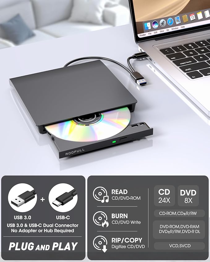 ROOFULL External CD DVD Drive with Extra Power Cable for Laptop, Ultra Slim USB 3.0 Type-C Portable CD DVD Optical Disc Drive Reader Writer Burner Player for PC MacBook Windows 11/10/7 Mac Linux OS