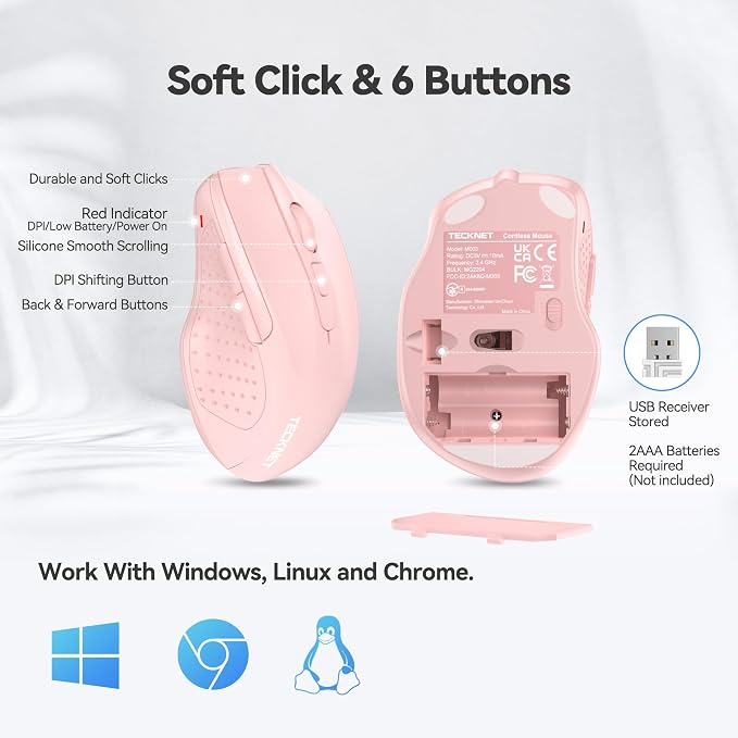 TECKNET Wireless Mouse, 2.4G Ergonomic Optical Mouse, Computer Mouse for Laptop, PC, Computer, Chromebook, Notebook, 6 Buttons, 24 Months Battery Life, 2600 DPI, 5 Adjustment Levels - Pink