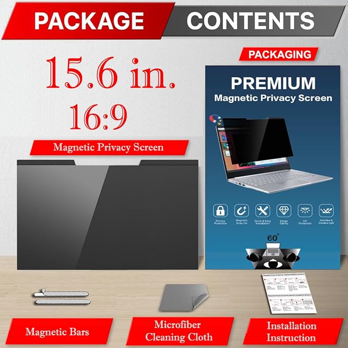 15.6 Inches Magnetic Privacy Screen Filter for Laptop 16:9 Widescreen Monitor | Computer Privacy Shield | Anti Glare & Blue Light Filter | Eye Protection | Anti-SPY | Anti-Scratch Protector