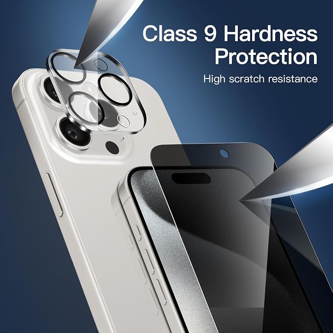 NEW'C 3x Privacy for iPhone 15 Pro Max Screen Protector (6.7 inches)+ 3x Camera Lens Protector, Sensor Protection, Case Friendly Tempered Glass Film + Dust Plug - Easy installation tool included