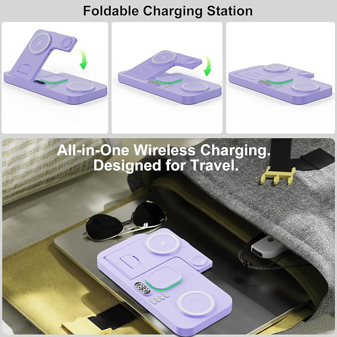 Dual Phone Magnetic Wireless Charging Station for Apple Devices/Apple Ecosystem, 7-Color Auto Light & 12H Clock, Multi-Device Charger for iPhone 17/16/15, for iWatch 11/10/9 & AirPods Pro3(Purple