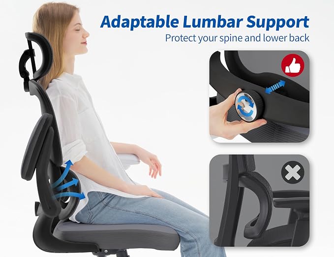 TRALT Ergonomic Office Chair - Desk Chair with Adjustable Headrest Lumbar Support Computer Chair - Mesh Comfy Chair with Flip-up Armrests - Gaming Chairs for Adults Home Office (Leather, Dark Grey)