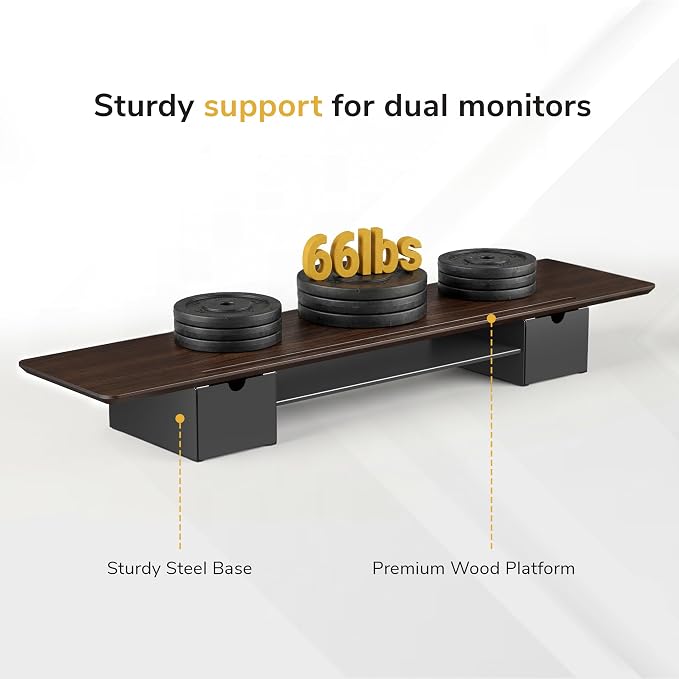 Mount-It! Extra Wide 39" Dual Monitor Stand Riser with 2 Drawers, Holds 66 lbs, Real Wood Platform, Built-In Device Slot, Removable Shelf, Home Office Desk Organizer