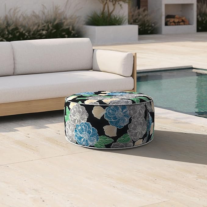 DYTXIII Inflatable Ottoman Stool D21 xH9 for Outdoor/Indoor Use, Water Repellent Patio Foot Rest with Portable Handle,Round Pouf Ottoman Suitable for Garden,Deck and Camping-Peony Garden