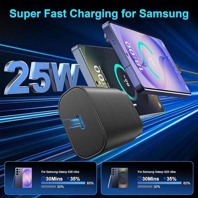 Super Fast Charger Type C, 25W USB C Wall Charger Fast Charging for Samsung Galaxy S26 Ultra/S26/S26+/S25 Ultra/S25/24 Ultra/S24/S23 Ultra/S22 Ultra with 6.6FT Long Android Type C Charger Cable 2Pack