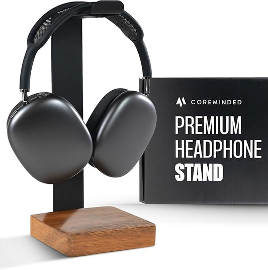 COREMINDED Universal Headphone Stand for Desk, Solid Wood Gaming Headset Stand, Heavy Duty Wooden Headphones Holder, Compatible with Airpods Max and More