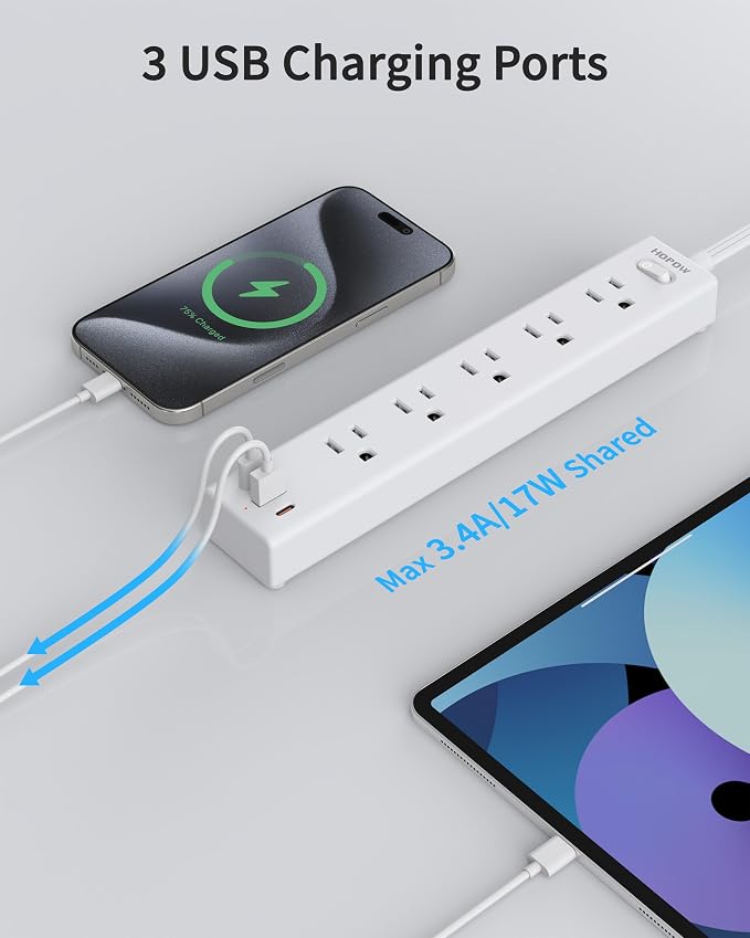 HOPOW Power Strip Surge Protector, 2 Pack, 6 Ft Ultra Thin Flat Extension Cord, Surge Protector with 5 Outlets & 3 USB Ports (2 USB C), 1700 Joules, 3-Prong, Wall Mount for Home Office Dorm, White