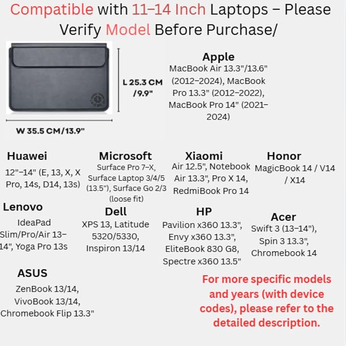 Black Universal Laptop Sleeve 11-13.3 Inch ONLY MacBook Air Pro 13" HP Envy Spectre x360 ASUS VivoBook Chromebook Flip Acer Spin 3 Lenovo IdeaPad Slim Students, Not for 14-16”