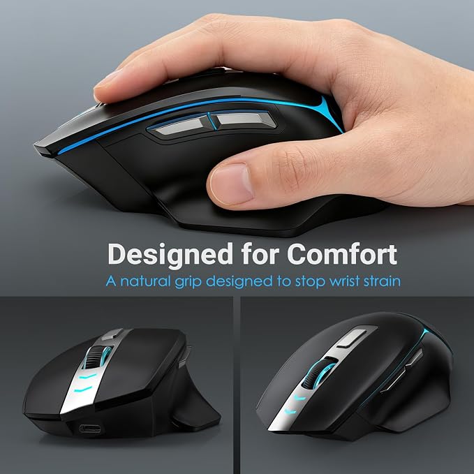JOYACCESS Computer Mouse Wireless, Supports Bluetooth, 2.4G and Wired Connections, RGB Backlit Rechargeable Ergonomic Optical Mouse, Wireless Mouse for Laptop, Pc, Chromebook, Notebook - Black