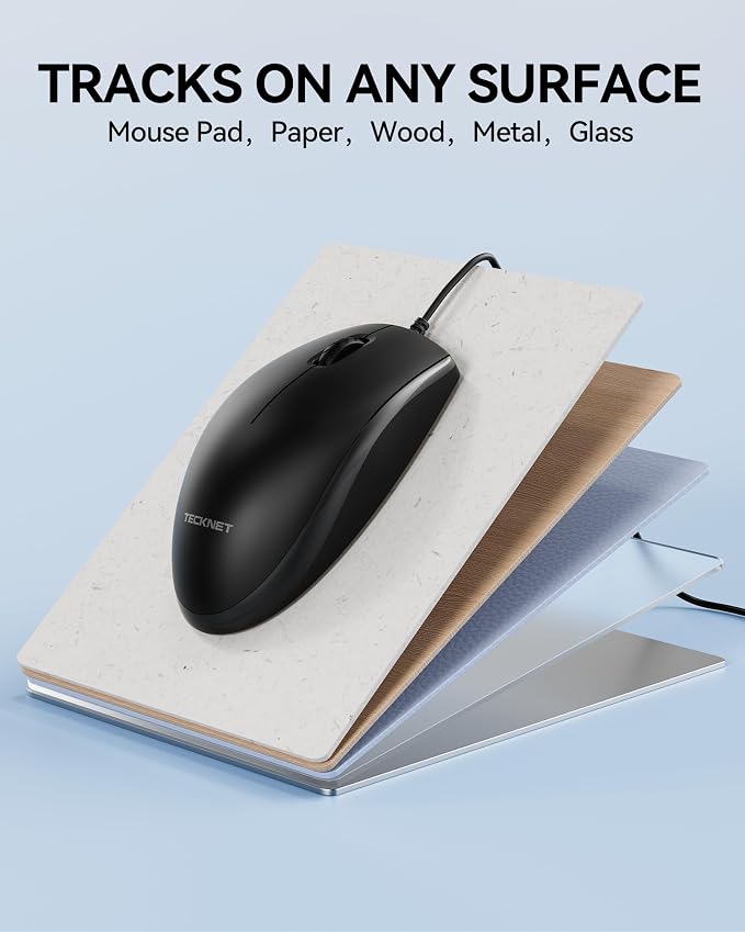 TECKNET USB-A Wired Mouse for Laptop Computer with 2-Button,Home and Office 5FT Corded Mouse, 1600DPI Ergo-Optic Shape PC Mouse Wired for Chromebook,PC,Desktop,Notebook-Black