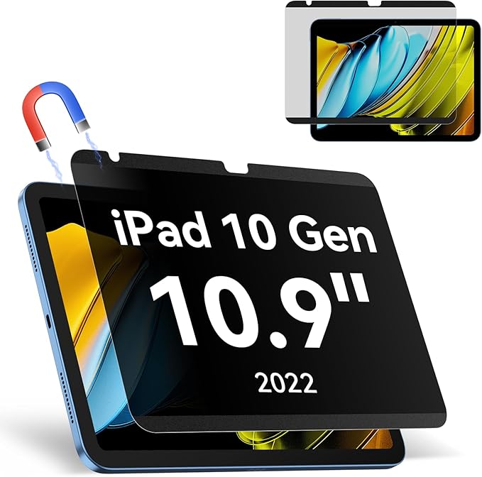 Magnetic Privacy Screen Protector Compatible with iPad 10th Gen 2022 10.9" & iPad 11th Gen A16 2025 11", Removable Anti Blue Light Glare Spy Filter, High Sensitive Bubble-Free Black Security Private Shield