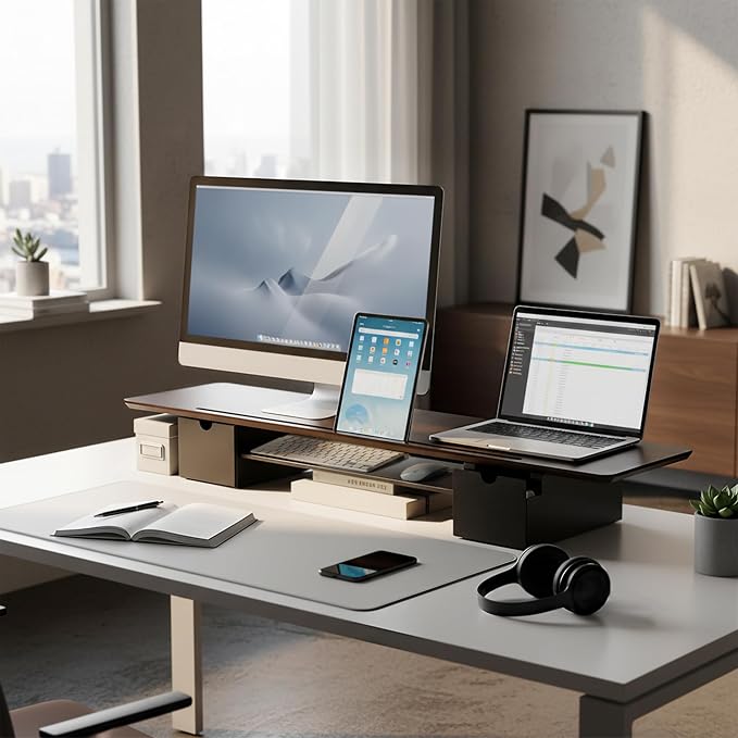 Mount-It! Extra Wide 39" Dual Monitor Stand Riser with 2 Drawers, Holds 66 lbs, Real Wood Platform, Built-In Device Slot, Removable Shelf, Home Office Desk Organizer