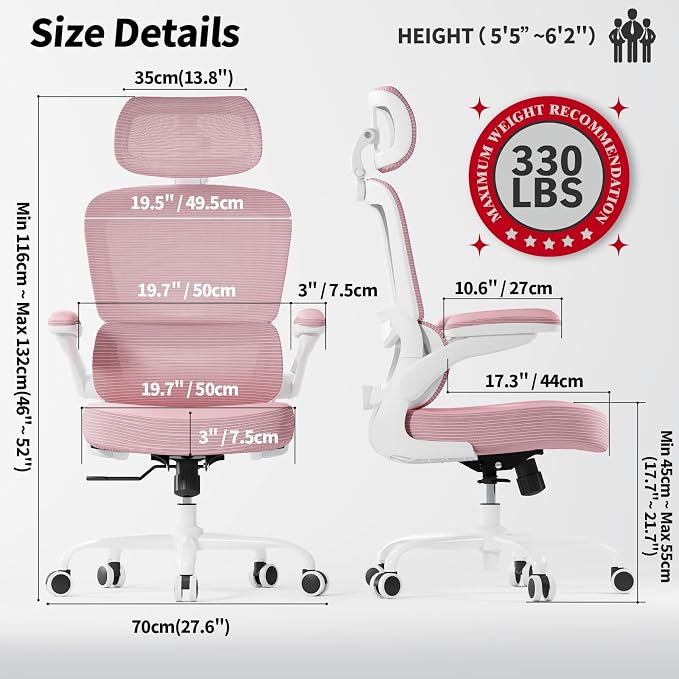 TRALT Ergonomic Office Chair - Desk Chair with Adjustable Headrest Lumbar Support Computer Chair - Mesh Comfy Chair with Flip-up Armrests - Gaming Chairs for Adults Home Office (Leather, Pink)
