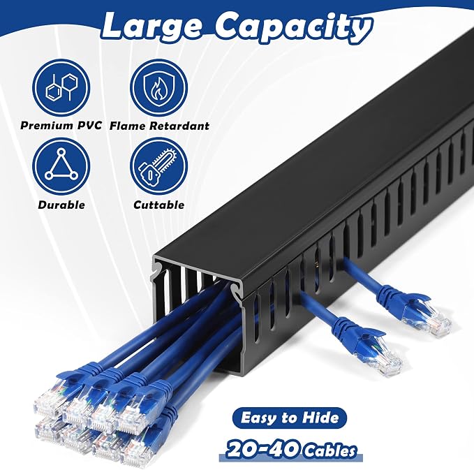 ZhiYo 2x2in Cable Raceway, Server Rack Cable Management Under Desk Cord Organizer, Electrical Safe PVC Cable Hider Open Slot Wire Raceway for Network/PC/TVs, Wire Duct Black