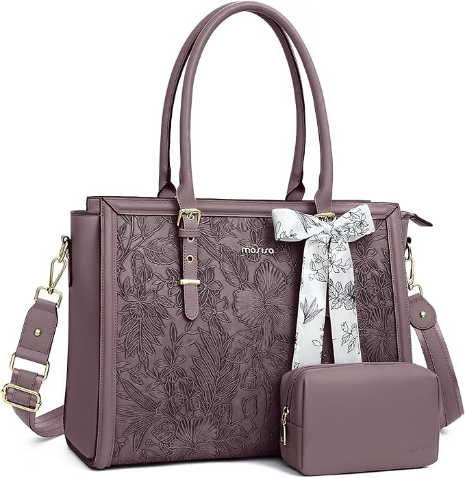 MOSISO Laptop Bag for Women, 15.6-16 inch PU Leather Tote Bag Compatible with MacBook, HP, Dell, Asus Notebook, Front Embossed Retro Hibiscus Computer Bags with Silk Scarf&Clutch Purse, Slate Purple