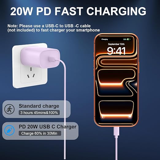 Phone 17 16 15 Charger Fast Charging Type C Chargers USB C Fast Charger Block & Phones 17 Charger Cord 10FT Long USB C Charging Cable for i.Phone 17/17 Pro/17 Pro Max/Air/Phone 16 15 Pro Max,Purple