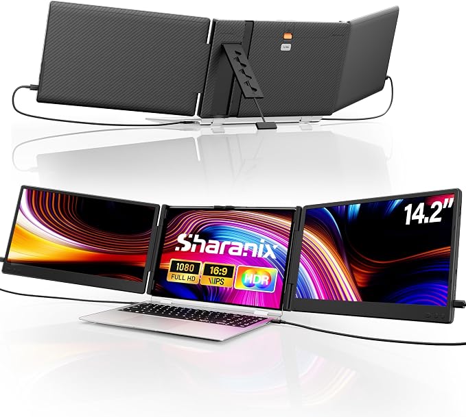Laptop Screen Extender, 14.2" FHD 1080P Triple Portable Monitor for Laptop with Smart Adjustment Button, USB-C/HDMI Plug and Play Monitor Extender for Wins/Mac/Android/Switch, Fit 13-17" Laptops