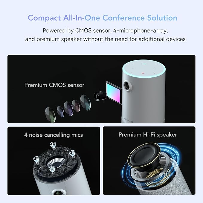 NUROUM C10 Conference Webcam with Microphone Speaker, Portable All-in-1 Design, 1080P 90° Camera for Video Conference, 10ft Voice Pickup/AI Noise Cancellation, USB Plug&Play for PC/Desktop Zoom/Teams