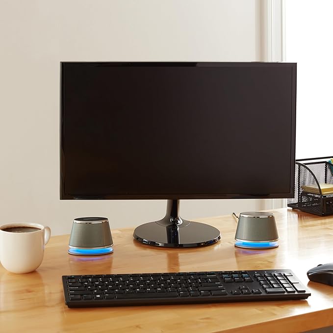 Amazon Basics Stereo 2.0 Computer Speakers with LED Lights for PC, Laptop or Desktop, Volume Control, 3.5mm Aux Input, USB-Powered, Silver, 1 Pair