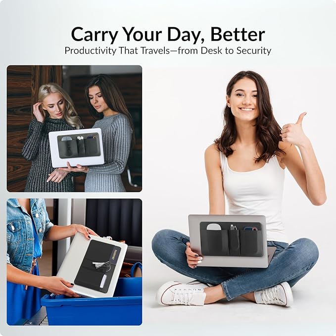 3-Pocket Adhesive Hard Drive Holder for Laptop | Stick-On Pouch for External SSD, HDD, Mouse and More - Black & Yellow