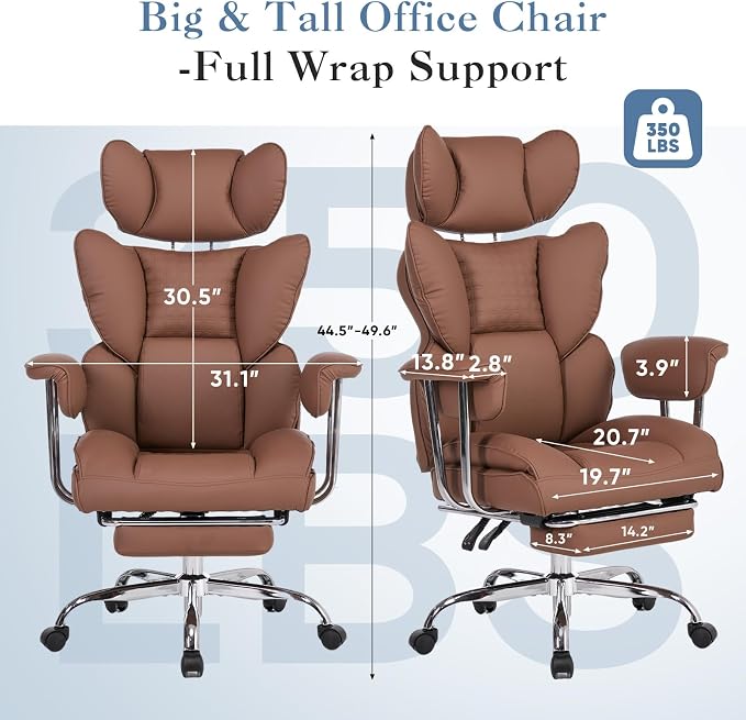 DUMOS Big and Tall Office Chair 350 LBS, Scratch-Resistant PU Leather Executive Office Desk Chair with Footrest, Ergonomic Reclining Computer Chair with Pocket Spring Support for Home Office, Brown