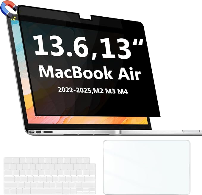 Magnetic Privacy Screen Protector Compatible with MacBook Air 13.6/13 Inch (2022-2025, M2, M3，M4), Hard Shell Case + Keyboard Cover + Screen Protector Crystal Clear Anti-Spy Anti Fingerprint