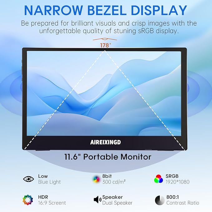 Portable Monitor 11.6'' 1080P FHD Weighs 450g, Portable Monitor for Laptop with Built-in Stand, Compatible with Type-C/Mini HDMI, Suitable for Laptop, PC, Mac,Phone, Xbox. Travel Monitor.