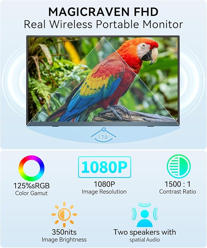 Wireless Portable Monitor with 8000mAh Battery- 15.6" 1080P IPS Second Screen for Travel/Office, AirPlay & Miracast Casting, Up to 5 hrs Use, No Cables or Drivers Needed, Works with Laptop/PC/Phone