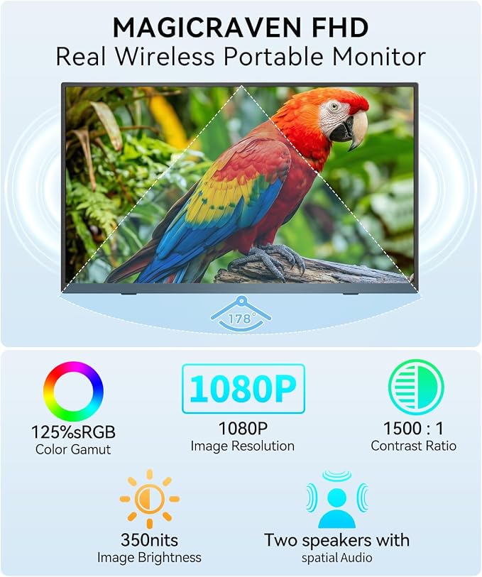 MAGICRAVEN Wireless Portable Monitor for Laptop, 15.6" Portable Monitor with Battery-1080P FHD Second Screen for Home & Office, AirPlay & Miracast Casting, No Cables or Drivers Needed(with Bag)