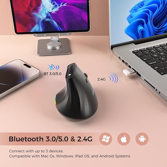 KYSONA 57° Ergonomic Wireless Rechargeable Mouse, Vertical Quiet Ergo Mouse, Bluetooth(BT5.0,BT3.0)&2.4G, (800/1200/2400/2400/4000), 7 Buttons for Windows, macOS, iPadOS, Laptop, PC, Black