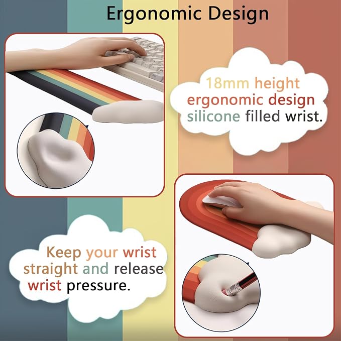 Gel Cloud Keyboard Wrist Rest Cute Rainbow Mouse Pad with Wrist Rest for Computer Keyboard and Mouse Pad Set PU Base Silicone Ergonomic White Cloud Wrist Pad Support for Gaming Desk Laptop Home Office