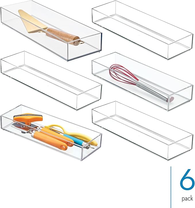 iDesign Plastic Makeup Drawer Organizer Tray - Vanity Organizer or Desk Drawer Organizer - Set of 6 - Clear