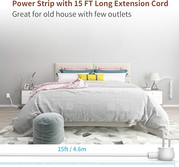 Extension Cord 15 ft, 6 Outlets Outlet, Heavy Duty Long Power Strip Flat Plug, 1875W Flat Plug, Widely Spaced Outlet, Wall Mount for TV Dorm Office Home Theater, White