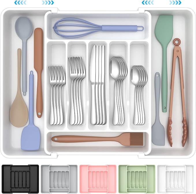ukeetap Extra Large Expandable Silverware Organizer, BPA-Free Food-Safe Cutlery Flatware Organizer, Kitchen Utensil Drawer Organizer, Adjustable Silverware Holder for Spoons Forks Knives, White