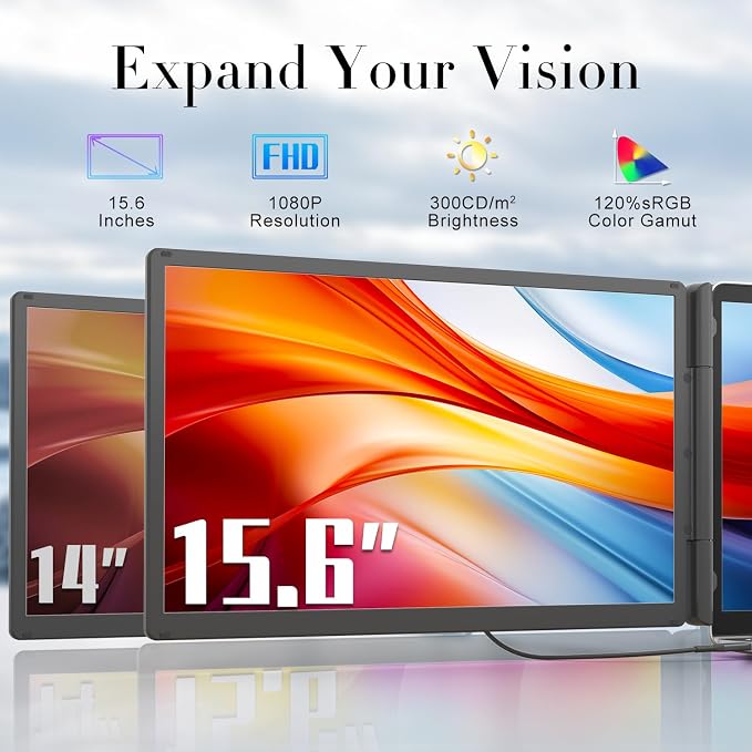 Teamgee 15.6" Laptop Screen Extender with Power Bank, FHD 1080P IPS Triple Monitor, HDMI/USB/Hub Plug-Play Display, Fits 13-17" Laptops (Mac/Windows/Android), Ideal for Home Office/Small Business